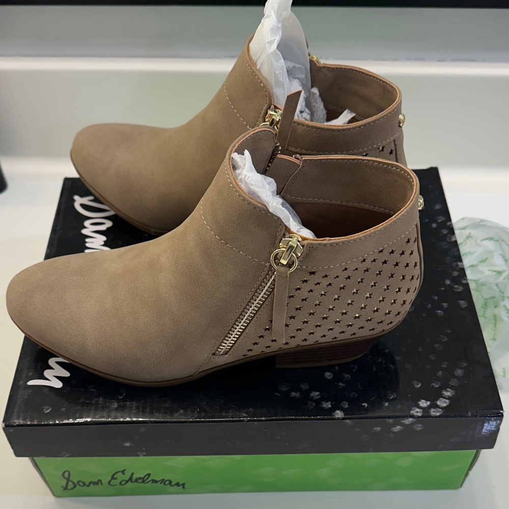 Sam Edelman Suede Leather Taupe Ankle Boots with Gold Accents